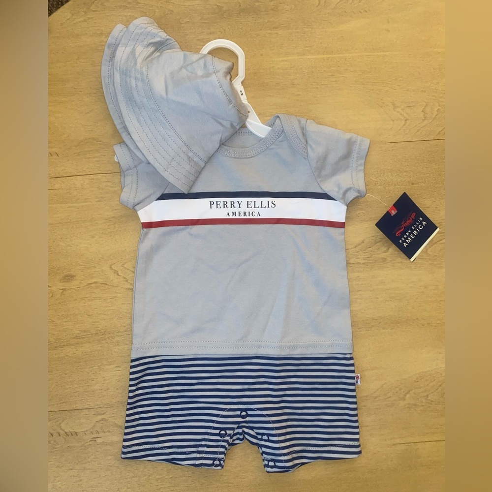 nwt perry ellis romper with sun hat 6mo